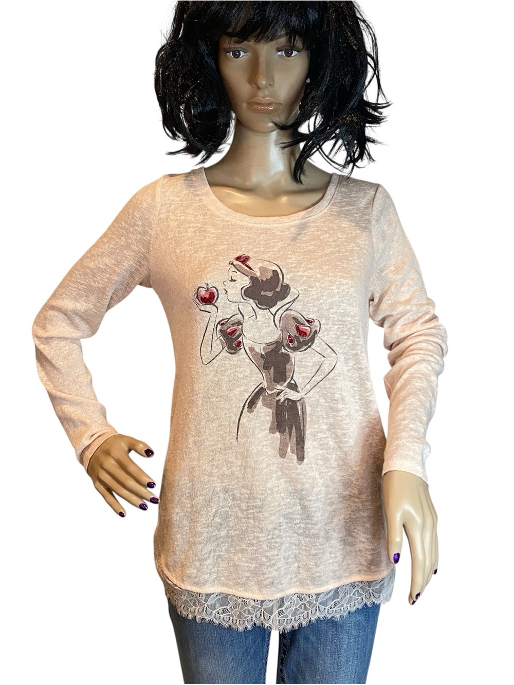 Lauren Conrad LC X Disney Snow White Pullover Top Lace Trim Back Tie Pink XS VGC